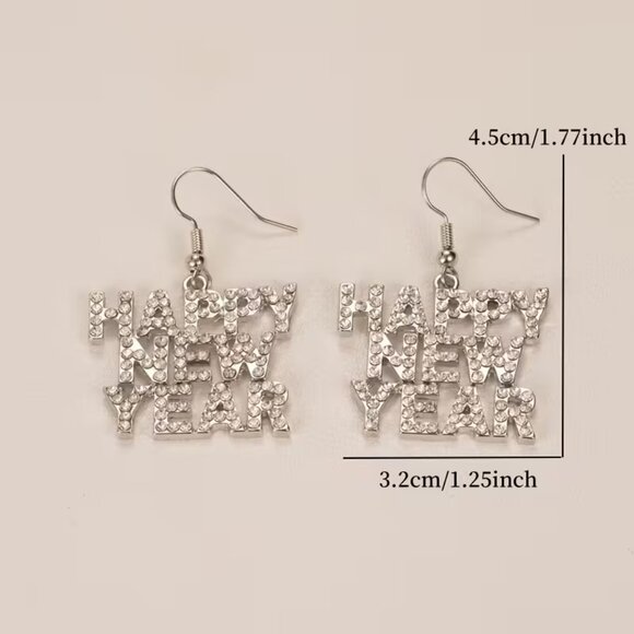 NEW Silver Happy New Year Earrings Crystal Rhinestones - Picture 2 of 7